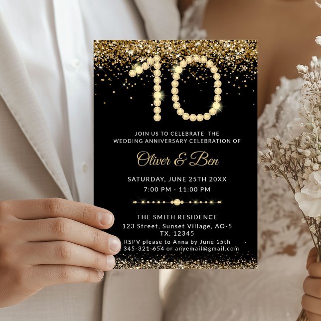 Convite Black & Gold Diamonds 10th Anniversary (Gold Diamonds 10th Anniversary Invitation)