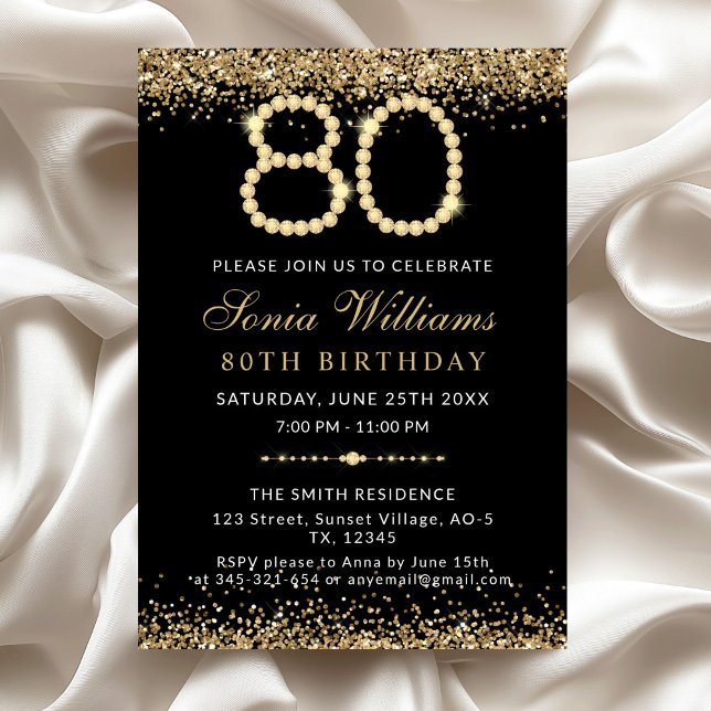 Convite Black Gold Diamonds 80th Birthday Party Invitation (Gold Diamonds 80th Birthday Party Invitation)