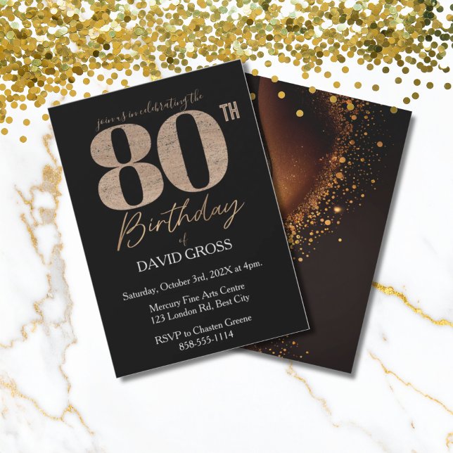 Convite Black & Gold Elegant 80th Birthday Invitation (Criador carregado)