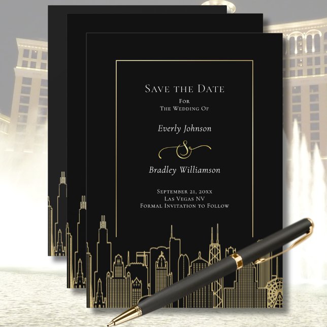 Convite Black Gold Elegant Las Vegas Skyline Save the Date (Criador carregado)