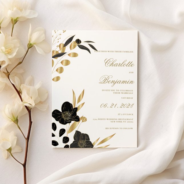 Convite Black gold elegant luxury foliage floral wedding (Black gold elegant luxury foliage floral wedding)