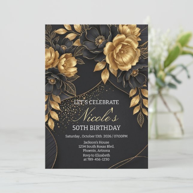 Convite Black & Gold Floral 50th Birthday (Em pé/Frente)