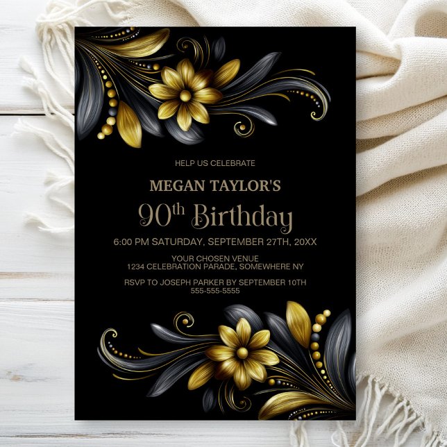 Convite Black Gold Floral 90th Birthday Party (Criador carregado)