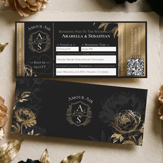 Convite Black Gold Floral Boarding Plane Ticket Wedding (Black Gold Floral Boarding Plane Ticket Wedding Invitation)