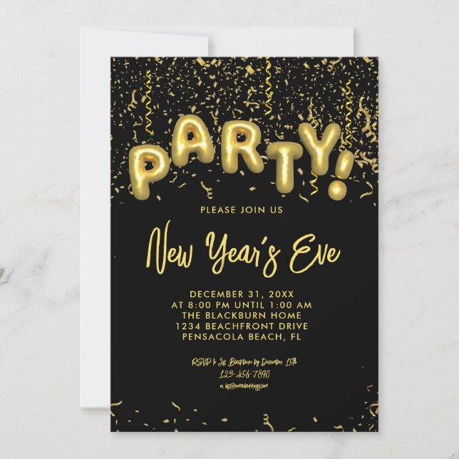 Convite Black & Gold Foil Balloons New Year's Eve Party (Frente)