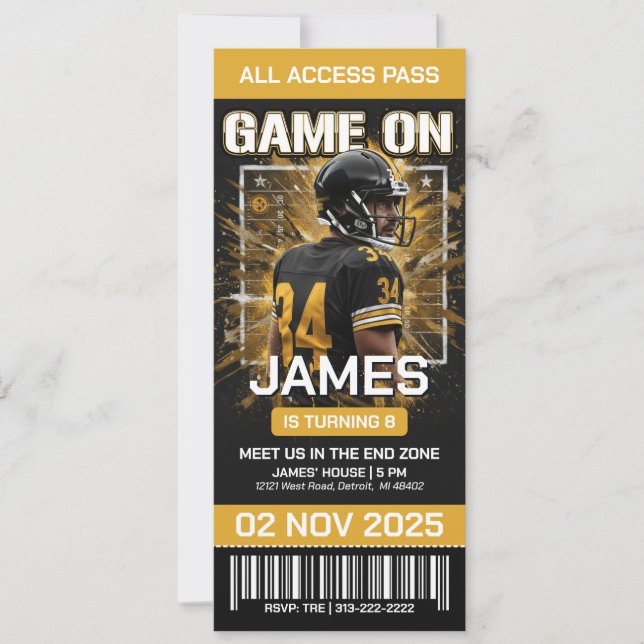 Convite Black & Gold Football Ticket Birthday Invitation (Frente)
