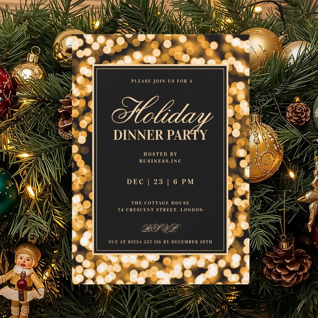 Convite Black & Gold Glam Lights Holiday Dinner Party (Black & Gold Glam Lights Holiday Dinner Party Invitation)
