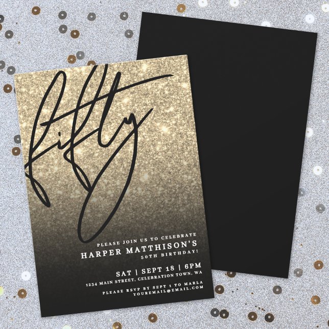 Convite Black Gold Glitter 50th Birthday (Black Gold Glitter 50th Birthday Invitation)
