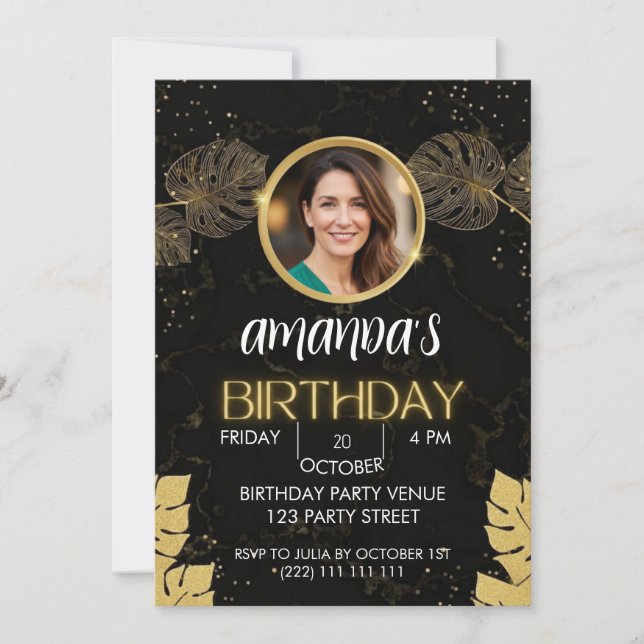 Convite Black Gold Glitter Birthday Invitation (Frente)