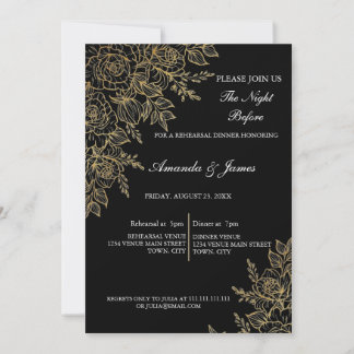 Convite Black Gold Glitter Floral Photo Rehearsal Dinner 