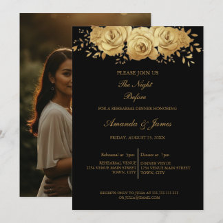 Convite Black Gold Glitter Floral Photo Rehearsal Dinner 