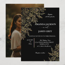 Convite Black Gold Glitter Photo Back Glam Wedding