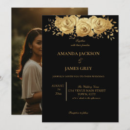 Convite Black Gold Glitter Photo Back Glam Wedding 