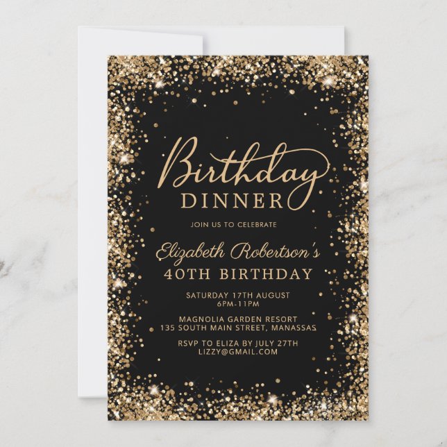 Convite Black Gold Glitter Script 40th Birthday Dinner (Frente)
