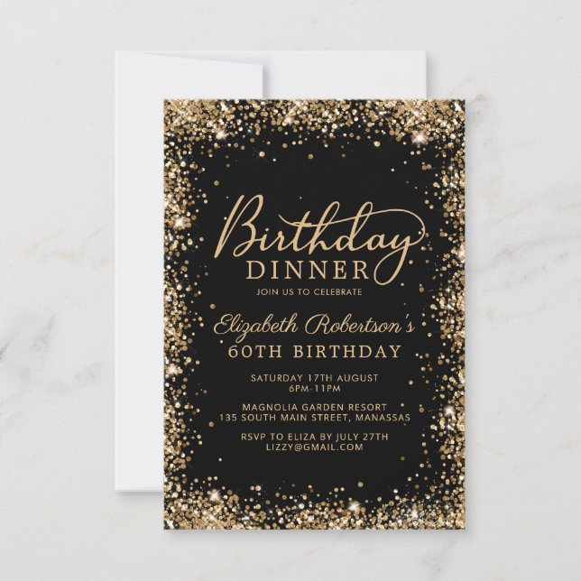 Convite Black Gold Glitter Script 60th Birthday Dinner (Frente)
