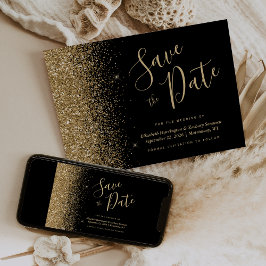 Convite Black Gold Glitter Script Salve a Data