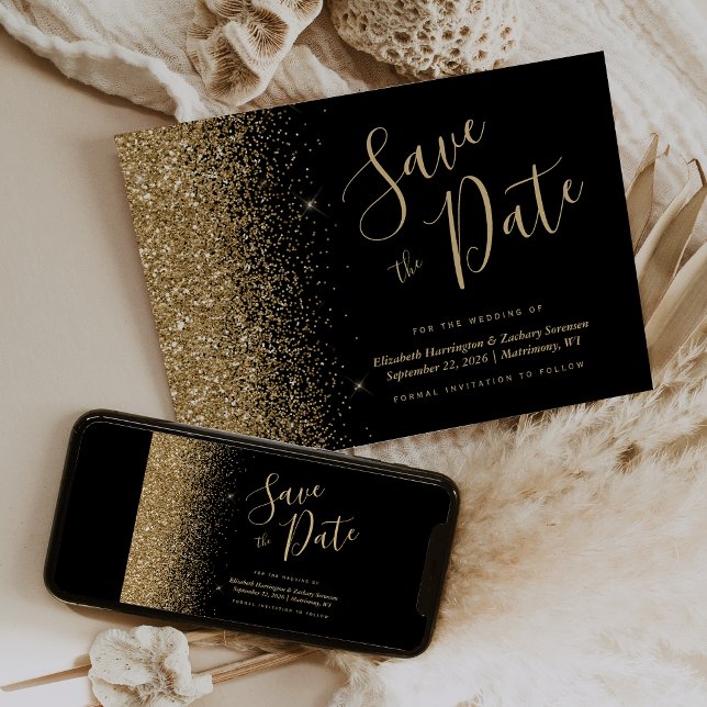 Convite Black Gold Glitter Script Salve a Data (Criador carregado)