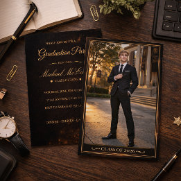 Convite Black Gold Grad Portrait Invitation