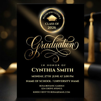 Convite Black & Gold Graduation Invitation | Class of 2026
