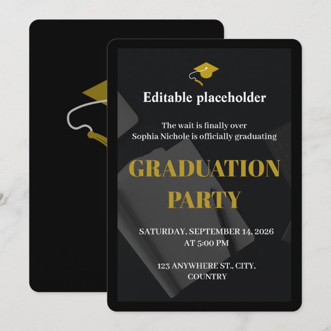 Convite Black Gold Graduation Party Editable Invitation (Frente/Verso)