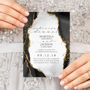 Convite Black, Gold & Grey Mist Agate Casamento RSVP