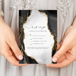 Convite Black, Gold & Grey Mist Agate Wedding RSVP