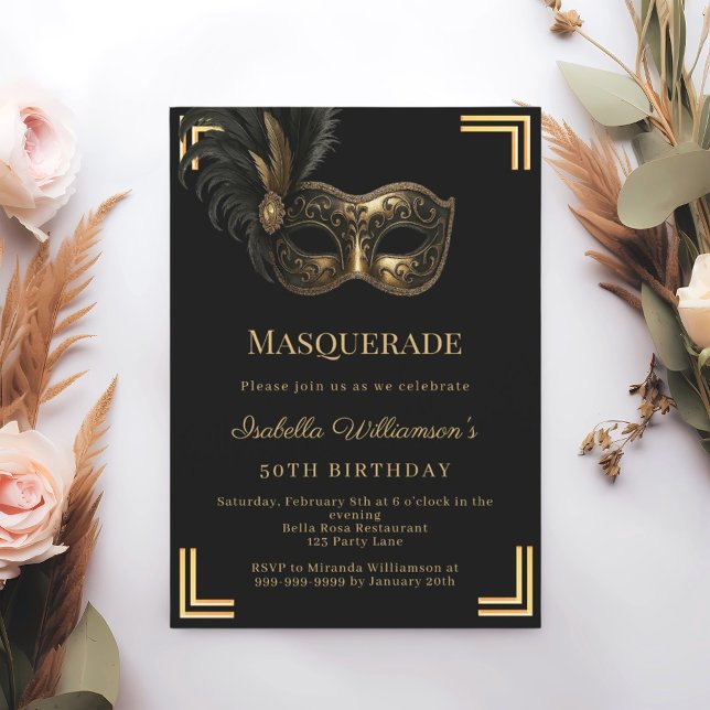 Convite Black gold Masquerade birthday party (Criador carregado)
