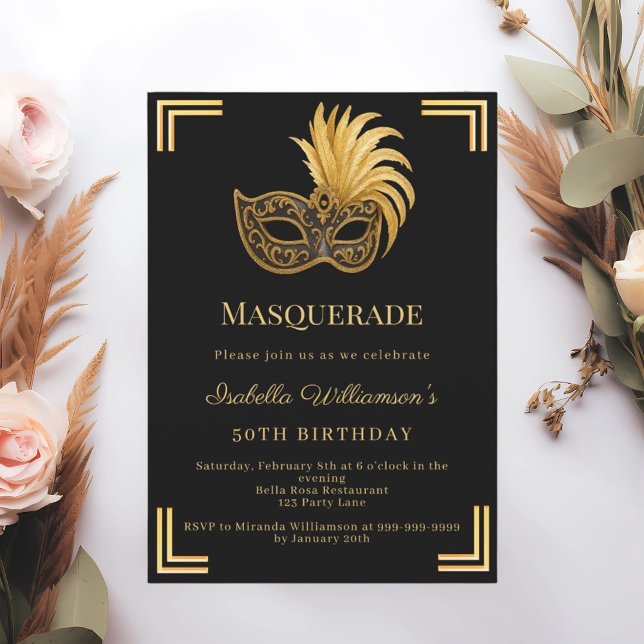 Convite Black gold Masquerade birthday party (Criador carregado)