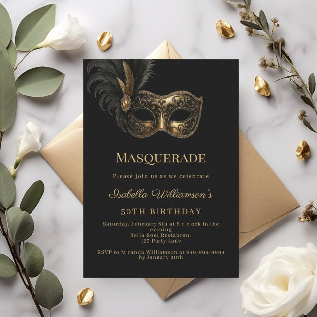 Convite Black gold Masquerade birthday party (Criador carregado)