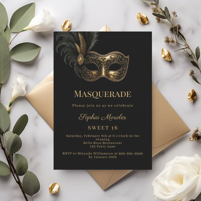 Convite Black gold Masquerade party Sweet 16 (Criador carregado)