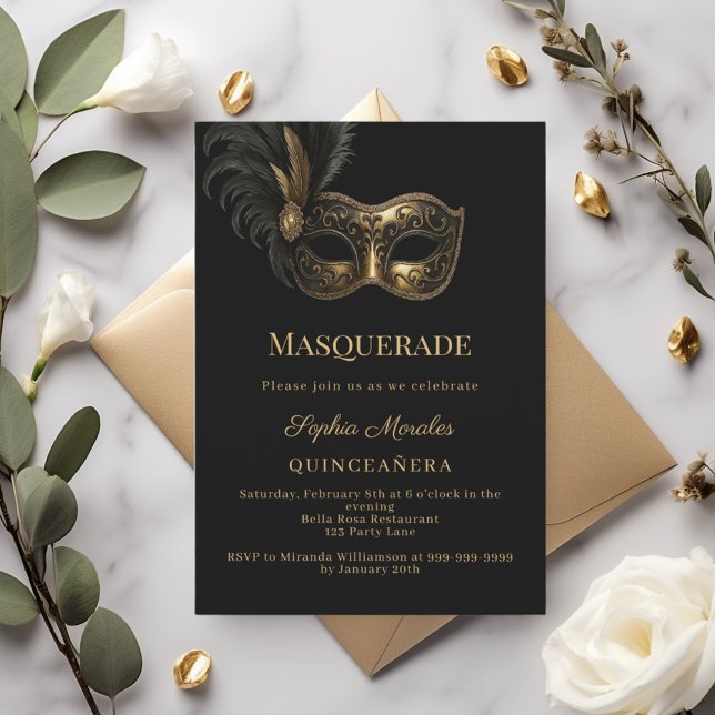Convite Black gold Masquerade Quinceanera (Criador carregado)