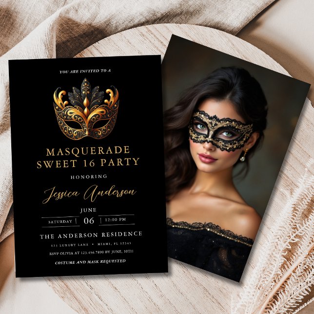 Convite Black Gold Masquerade Sweet 16 Photo Birthday (Criador carregado)