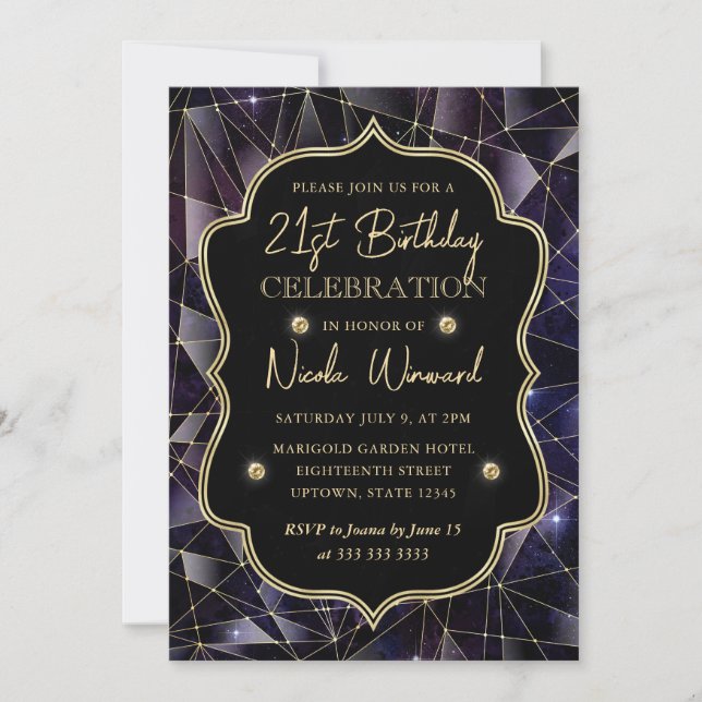 Convite Black & Gold Midnight Crystal Galaxy 21º Aniversár (Frente)