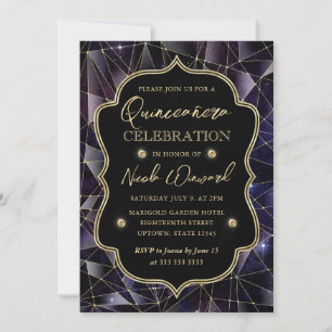 Convite Black & Gold Midnight Crystal Galaxy Quinceanera