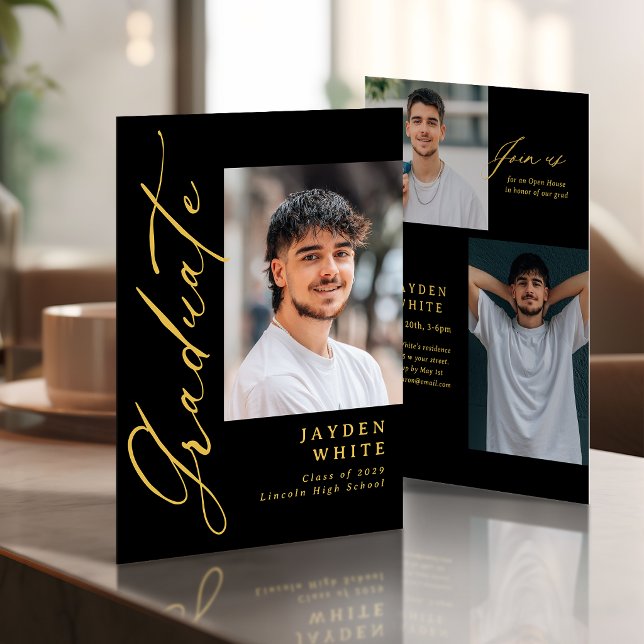 Convite Black Gold Modern Calligraphy Photo Graduation (Black Gold Modern Calligraphy Photo Graduation Invitation)