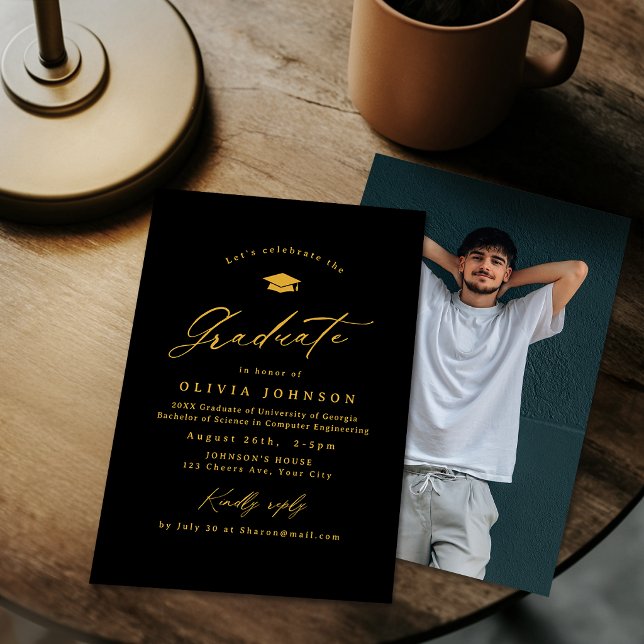 Convite Black Gold Modern Calligraphy Photo Graduation (Black Gold Modern Calligraphy Photo Graduation Invitation)