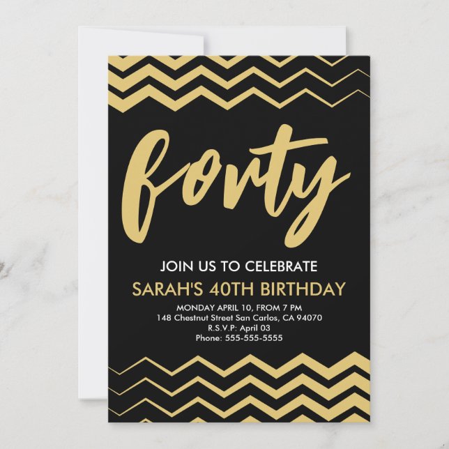 Convite Black Gold Modern Minimalist 40th Birthday Party (Frente)