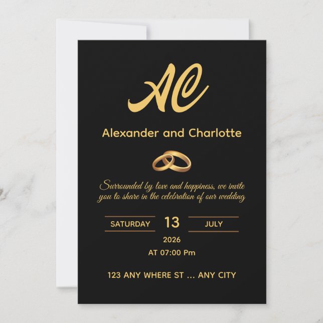 Convite Black Gold Monogram Wedding Invitation (Frente)