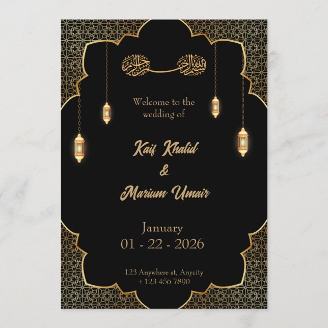 Convite Black & Gold Muslim wedding invitation Editable (Frente)
