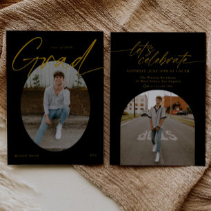 Convite Black & Gold Oval Foto Moderno Script Graduação