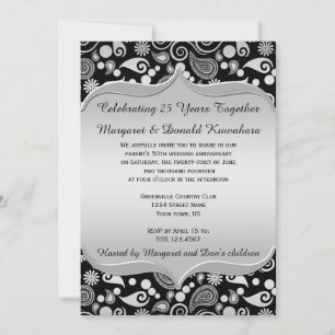 Convite Black Gold Paisley Quadro Ornate 25º Aniversário