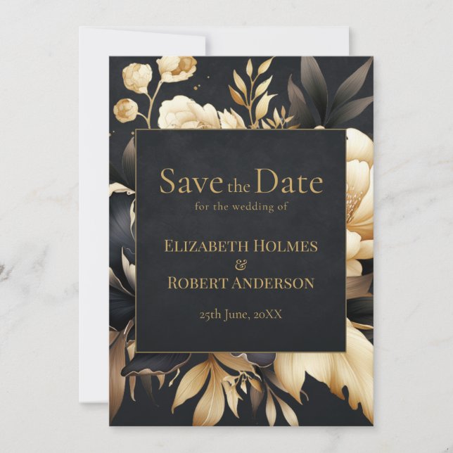 Convite Black & Gold Peony Gothic Save the Date (Frente)