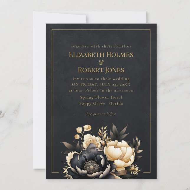 Convite Black & Gold Peony Gothic Wedding Invitation (Frente)