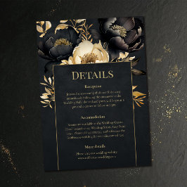 Convite Black & Gold Peony Wedding Details Card