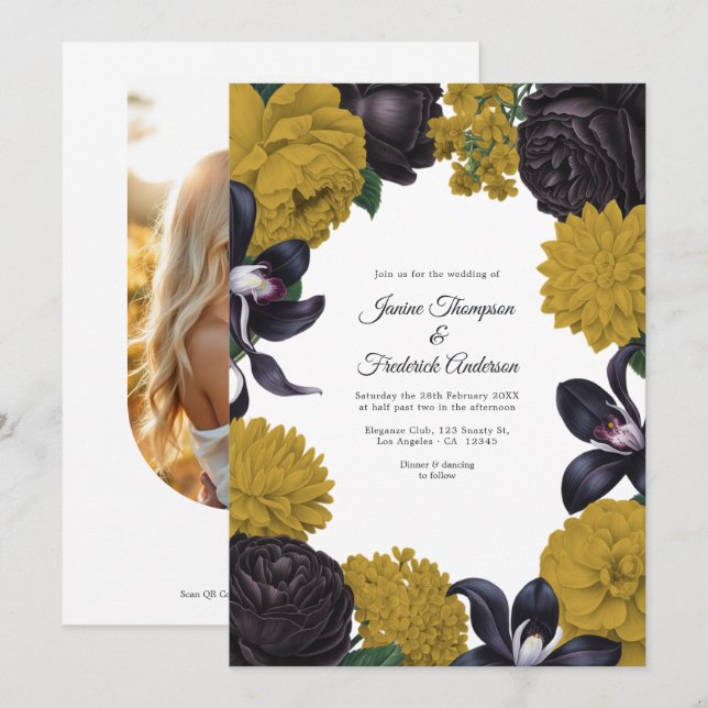 Convite Black & Gold Photo/QR Code Floral Wedding (Frente/Verso)