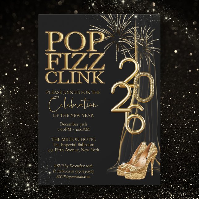 Convite Black Gold Pop Fizz Clink New Years Invitation (Criador carregado)