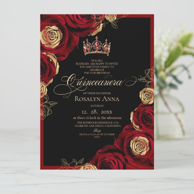 Convite Black Gold Red Roses Princess Quinceañera  (Em pé/Frente)