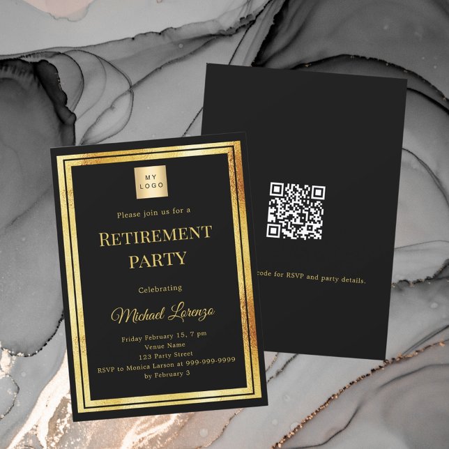 Convite Black gold retirement party QR code business logo (Criador carregado)