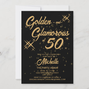 Convite Black Gold Retro Golden Glamouroso Aniversário de