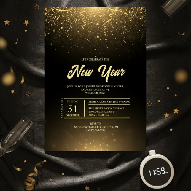 Convite Black Gold Sparkle New Year Party Invitation (Black Gold Sparkle New Year Party Invitation)